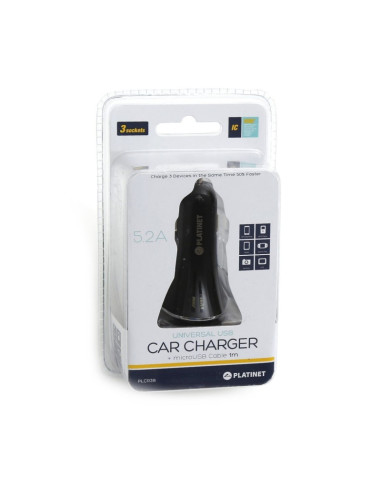 Incarcator auto Platinet PLCR3B 43721, 3x USB, incarcare rapida 5.2A, cablu 1m micro USB, negru