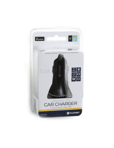 Incarcator auto Platinet PLCR3B 43721, 3x USB, incarcare rapida 5.2A, cablu 1m micro USB, negru