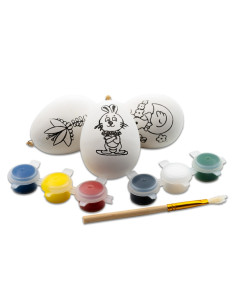 Accesorii creatie - ou alb cu desene, pentru pictat / colorat + 6 culori, pensula si sfoara, 6 cm, set 3 buc, Colorarte BS1525