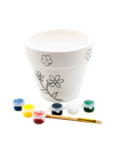 Accesorii creatie ceramica - ghiveci alb cu desene, pentru pictat / colorat + 6 culori si pensula, 12.3 cm, Colorarte BS2006