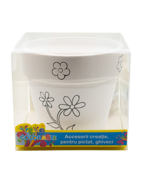 Accesorii creatie ceramica - ghiveci alb cu desene, pentru pictat / colorat + 6 culori si pensula, 12.3 cm, Colorarte BS2006