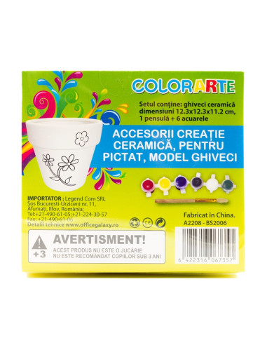 Accesorii creatie ceramica - ghiveci alb cu desene, pentru pictat / colorat + 6 culori si pensula, 12.3 cm, Colorarte BS2006