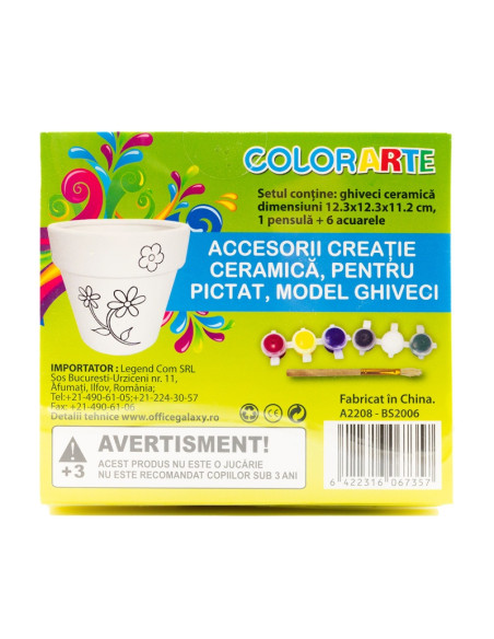 Accesorii creatie ceramica - ghiveci alb cu desene, pentru pictat / colorat + 6 culori si pensula, 12.3 cm, Colorarte BS2006