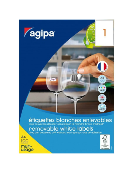 Etichete autocolante Agipa 128993, 1/A4, 210x297mm, nepermanente, colturi drepte, alb, top 100 coli (100 etichete)