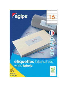 Etichete autocolante Agipa 101133, 16/A4, 105x37mm, permanente, colturi drepte, alb, top 100 coli (1600 etichete)