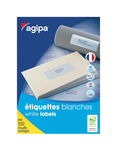 Etichete autocolante Agipa 101133, 16/A4, 105x37mm, permanente, colturi drepte, alb, top 100 coli (1600 etichete)