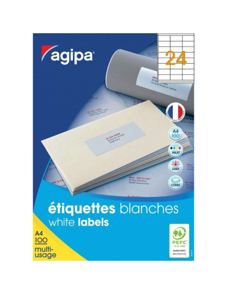 Etichete autocolante Agipa 101118, 24/A4, 70x33.8mm, permanente, colturi drepte, alb, top 100 coli (2400 etichete)