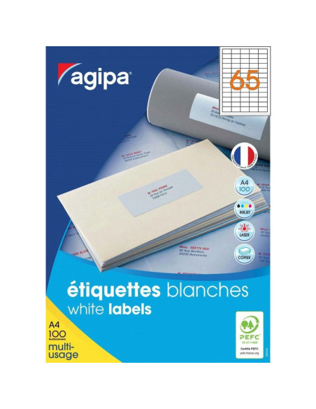 Etichete autocolante Agipa 101113/102199, 65/A4, 38x21.2mm, permanente, colturi drepte, alb, top 100 coli (6500 etichete)