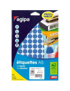 Etichete autocolante Agipa 114312, 96/A5, 15mm, permanente, rotund, albastru, top 10 coli (960 etichete)