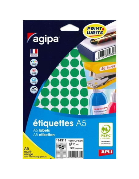 Etichete autocolante Agipa 114311, 96/A5, 15mm, permanente, rotund, verzi, top 10 coli (960 etichete)
