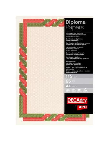 Hartie tip diploma A4 DECAdry Spiral OSD4057, 115g/mp, rosu / verde, set 25 coli