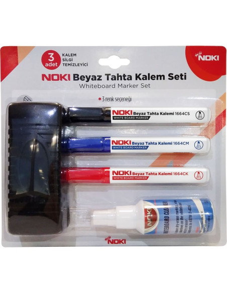 Set pentru tabla Noki 1664SET, varf rotund, 3 culori (negru, albastru, rosu) + burete tabla + solutie curatare tabla