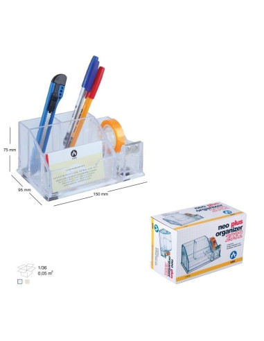 Suport instrumente de scris Ark 2032, contine dispenser banda adeziva, plastic, transparent