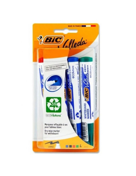 Marker tabla Bic Velleda 1704 / 907054, varf rotund, 2.5mm, corp gros, set 4 culori (verde, negru, albastru, rosu)