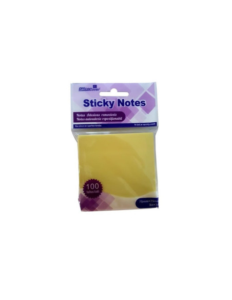 Notes adeziv Office Cover A03, 100 coli, 75x75mm, galben pastel, blister