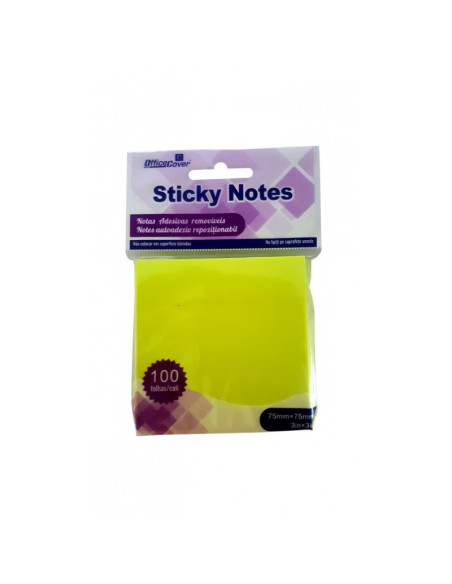 Notes adeziv Office Cover Y03, 100 coli, 75x75mm, galben neon, blister