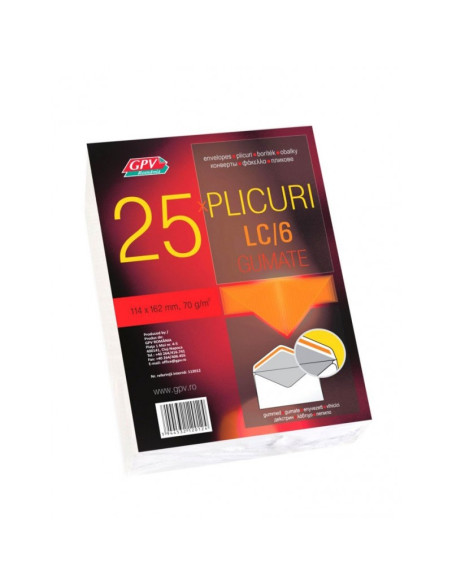 Plic standard C6L GPV 122012, alb, 70g/mp, 114x162mm, gumat, cu clapa V, set 25 buc