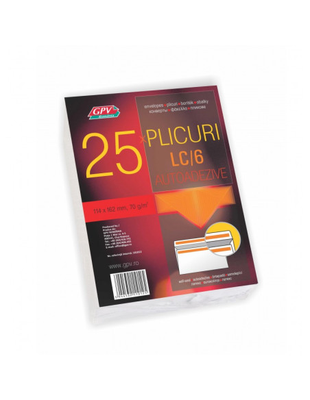 Plic standard C6L GPV 101012, alb, 70g/mp, 114x162mm, autoadeziv, cu clapa V, set 25 buc