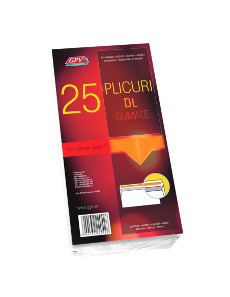 Plic standard DL GPV 132042, alb, 80g/mp, 110x220mm, gumat, set 25 buc
