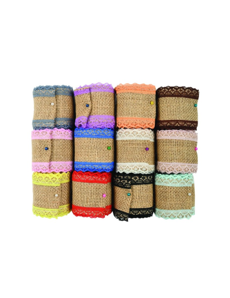 Accesorii creatie - panza iuta, diverse culori, 5cm x 2m, cu dantela, set 12 buc, Colorarte