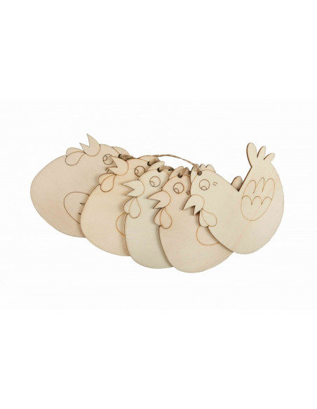 Accesorii creatie - lemn pirogravura cu sfoara - gaina, 7x7cm, set 5 buc, Colorarte