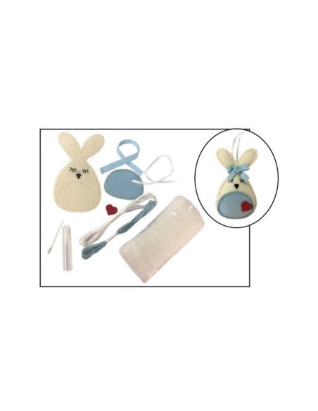 Set accesorii creatie iepure fetru, 14cm, ac plastic, ata, lipici, vata sintetica, instructiuni