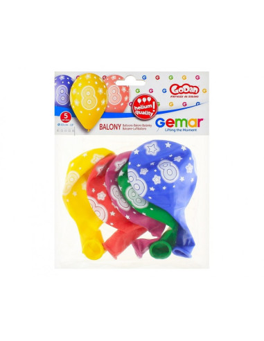 Baloane aniversare GoDan Party cifra 8, diverse culori, 444324, set 5 buc